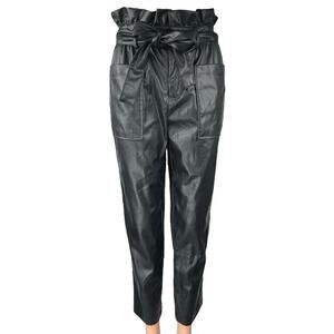 Who What Wear Black Faux Leather Belted High Rise Straight Paperbag Pants Size 2